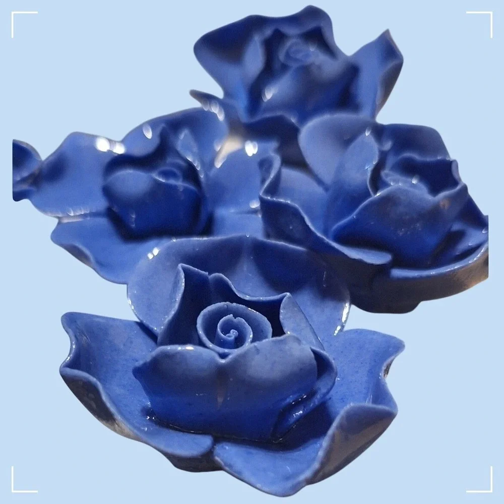Cobalt Blue Ceramic Roses Set with White Fluted Bud Vase and Floral Stems